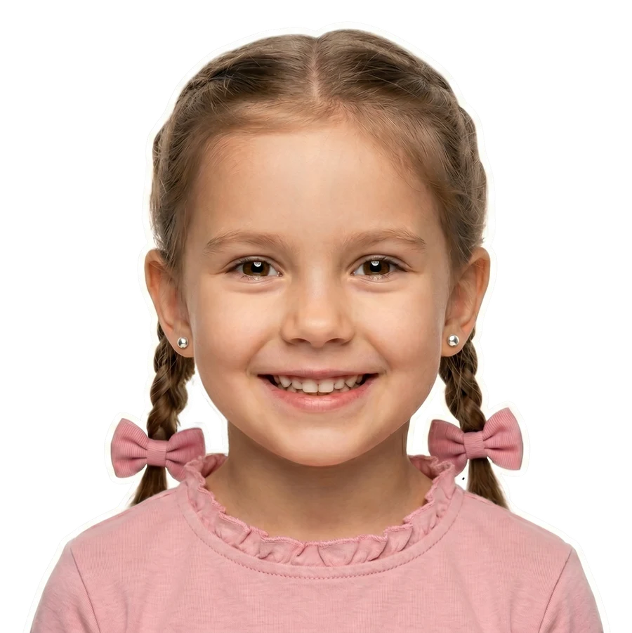 Zadowolone dziecko z kolczykami po przekłuciu uszu metodą Inverness MED