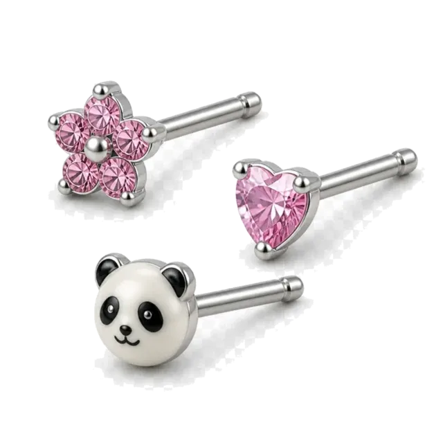 Children's studs: flower, heart and panda